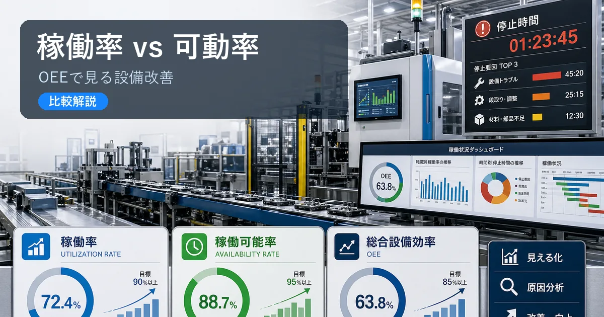 稼働率と可動率の違いをOEEダッシュボードで比較する製造設備のイメージ