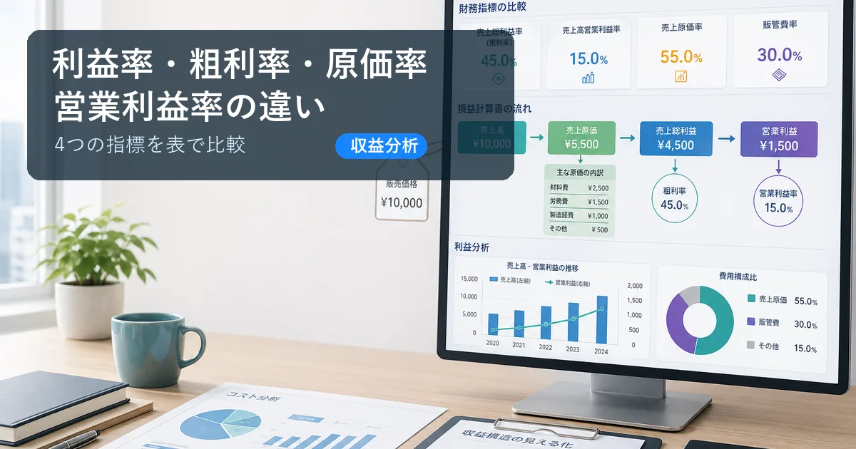 利益率・粗利率・原価率・営業利益率の違いを財務ダッシュボードで比較するイメージ